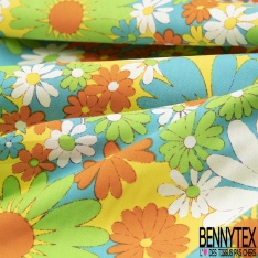 Coton grand imprimé marguerite seventie's rouge blanc bleu vert fond orange et bleu
