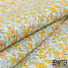 Coton grand imprimé marguerite seventie's pomme blanc violet rouge fond orange rouge