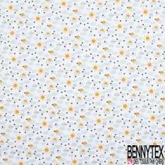 Toile lorraine coton imprimé nuage oiseau soleil étoile noir fond blanc