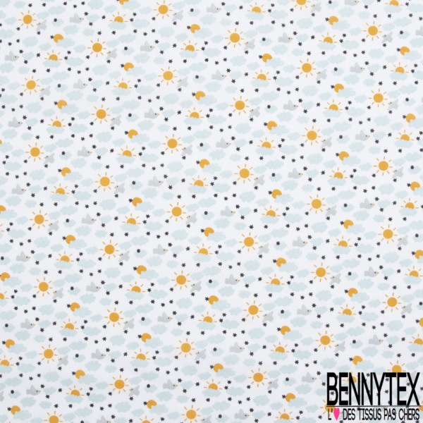 Toile lorraine coton imprimé nuage oiseau soleil étoile noir fond blanc