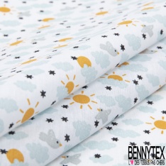 Toile lorraine coton imprimé nuage oiseau soleil étoile noir fond blanc