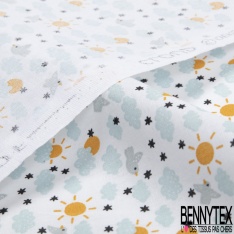Toile lorraine coton imprimé nuage oiseau soleil étoile noir fond blanc