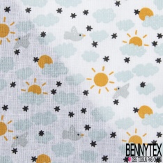 Toile lorraine coton imprimé nuage oiseau soleil étoile noir fond blanc