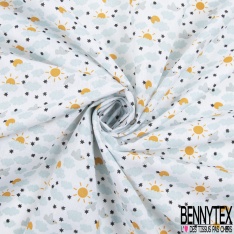 Toile lorraine coton imprimé nuage oiseau soleil étoile noir fond blanc