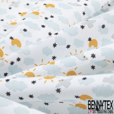 Toile lorraine coton imprimé nuage oiseau soleil étoile noir fond blanc