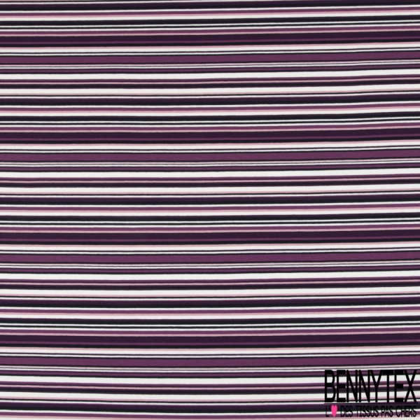Jersey coton élasthanne imprimé rayure horizontale fantaisie camaïeu de violet grande laize