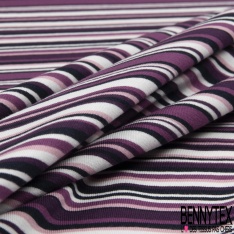 Jersey coton élasthanne imprimé rayure horizontale fantaisie camaïeu de violet grande laize