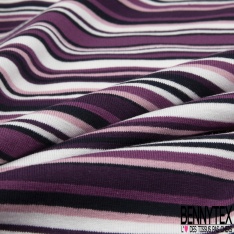 Jersey coton élasthanne imprimé rayure horizontale fantaisie camaïeu de violet grande laize