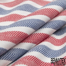Jersey coton jacquard rayure chevron horizontale jaune bleu rayure écru