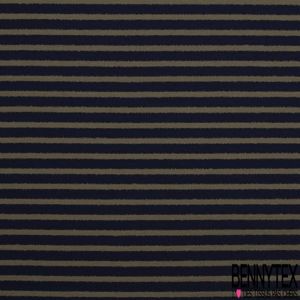 Molleton gratté fin viscose rayure horizontale bleu nuit orange lurex cuivre