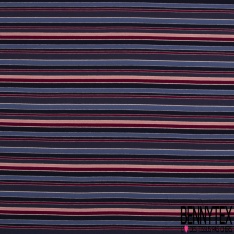 Jersey viscose imprimé rayure horizontale rouge orange nuit marine indigo blanc cassé lurex or