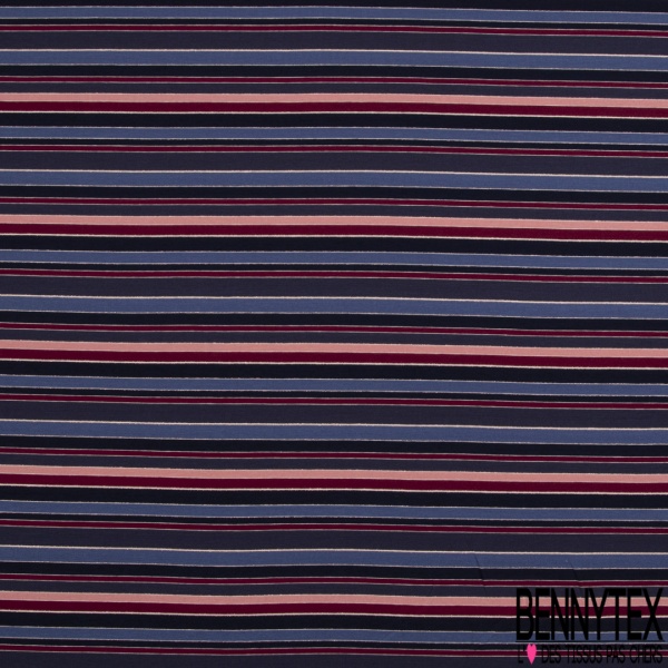 Jersey viscose imprimé rayure horizontale rouge orange nuit marine indigo blanc cassé lurex or