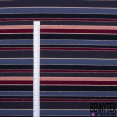 Jersey viscose imprimé rayure horizontale rouge orange nuit marine indigo blanc cassé lurex or
