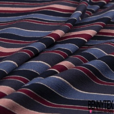 Jersey viscose imprimé rayure horizontale rouge orange nuit marine indigo blanc cassé lurex or