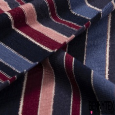 Jersey viscose imprimé rayure horizontale rouge orange nuit marine indigo blanc cassé lurex or