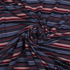Jersey viscose imprimé rayure horizontale rouge orange nuit marine indigo blanc cassé lurex or