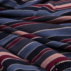 Jersey viscose imprimé rayure horizontale rouge orange nuit marine indigo blanc cassé lurex or