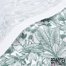 Toile lorraine coton imprimé tropical vert céladon façon toile de Jouy fond blanc