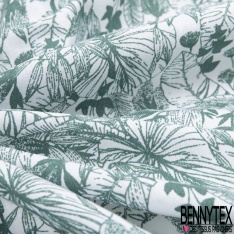 Toile lorraine coton imprimé tropical vert céladon façon toile de Jouy fond blanc