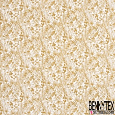 Toile lorraine coton imprimé tropical ocre façon toile de Jouy fond blanc