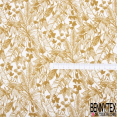 Toile lorraine coton imprimé tropical ocre façon toile de Jouy fond blanc