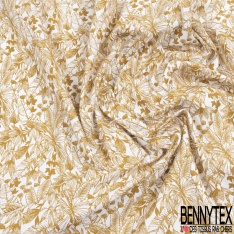 Toile lorraine coton imprimé tropical ocre façon toile de Jouy fond blanc