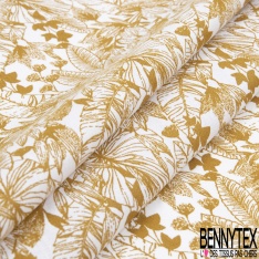 Toile lorraine coton imprimé tropical ocre façon toile de Jouy fond blanc