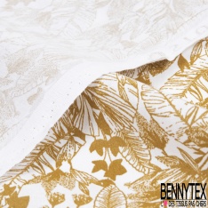 Toile lorraine coton imprimé tropical ocre façon toile de Jouy fond blanc