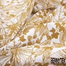 Toile lorraine coton imprimé tropical ocre façon toile de Jouy fond blanc