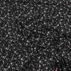 Jersey viscose imprimé mini tête de mort et mini bouquet floral noir fond noir