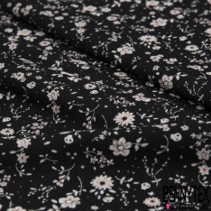 Jersey viscose imprimé mini tête de mort et mini bouquet floral noir fond noir
