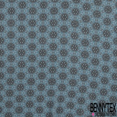 Coupon 3m Mousseline polyester crêpon imprimé floral champêtre ton bleu blanc rose fond noir