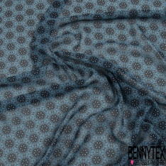 Coupon 3m Mousseline polyester crêpon imprimé floral champêtre ton bleu blanc rose fond noir