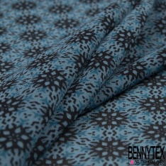 Coupon 3m Mousseline polyester crêpon imprimé floral champêtre ton bleu blanc rose fond noir