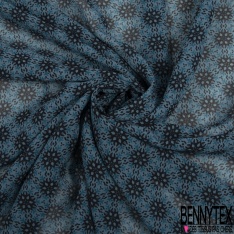 Coupon 3m Mousseline polyester crêpon imprimé floral champêtre ton bleu blanc rose fond noir
