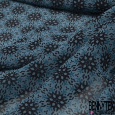 Coupon 3m Mousseline polyester crêpon imprimé floral champêtre ton bleu blanc rose fond noir