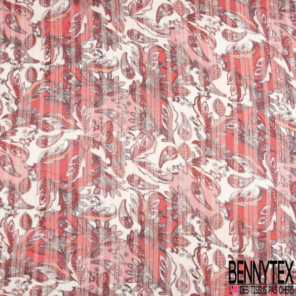 Coupon 3m mousseline polyester crêpon imprimé cachemire ton bleu fond rayure verticale lurex or