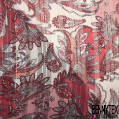 Coupon 3m mousseline polyester crêpon imprimé cachemire ton bleu fond rayure verticale lurex or