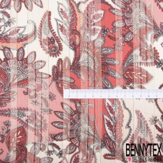 Coupon 3m mousseline polyester crêpon imprimé cachemire ton bleu fond rayure verticale lurex or