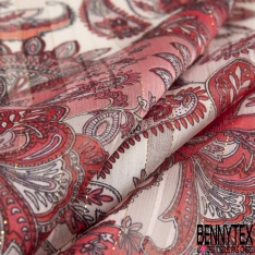 Coupon 3m mousseline polyester crêpon imprimé cachemire ton bleu fond rayure verticale lurex or
