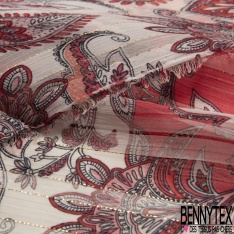 Coupon 3m mousseline polyester crêpon imprimé cachemire ton bleu fond rayure verticale lurex or