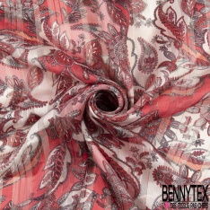 Coupon 3m mousseline polyester crêpon imprimé cachemire ton bleu fond rayure verticale lurex or
