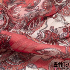 Coupon 3m mousseline polyester crêpon imprimé cachemire ton bleu fond rayure verticale lurex or