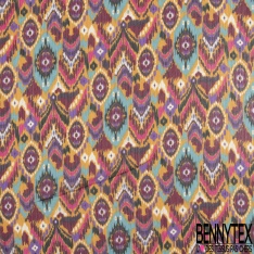 Coupon 3m mousseline polyester imprimé amérindien multicolore fond verge d'or rayure verticale lurex or