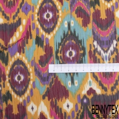 Coupon 3m mousseline polyester imprimé amérindien multicolore fond verge d'or rayure verticale lurex or