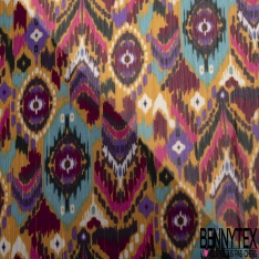 Coupon 3m mousseline polyester imprimé amérindien multicolore fond verge d'or rayure verticale lurex or