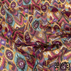 Coupon 3m mousseline polyester imprimé amérindien multicolore fond verge d'or rayure verticale lurex or