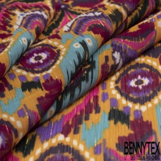 Coupon 3m mousseline polyester imprimé amérindien multicolore fond verge d'or rayure verticale lurex or