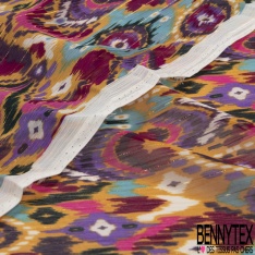 Coupon 3m mousseline polyester imprimé amérindien multicolore fond verge d'or rayure verticale lurex or