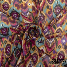 Coupon 3m mousseline polyester imprimé amérindien multicolore fond verge d'or rayure verticale lurex or